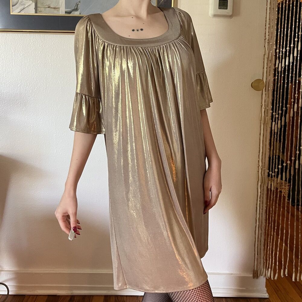 NWT Sunny Leigh Gold Babydoll Dress Size M Disco Retro Goddess Studio 54